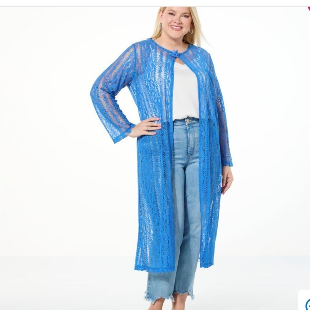 Plus Size Antthony Crocheted Lace Long-Sleeve Duster in Vibrant Azure Size 3X
